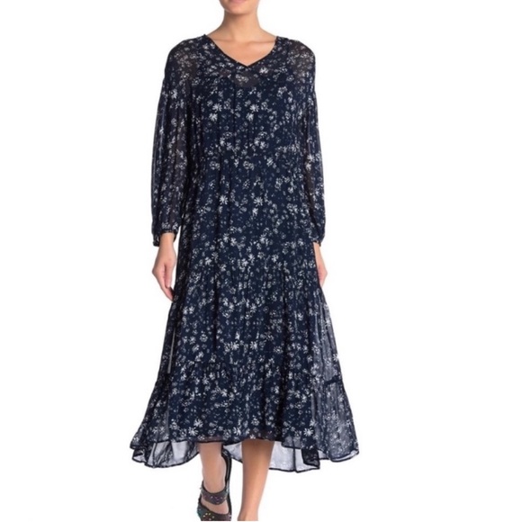 Free People Dresses & Skirts - Free People WallFlower Blue Floral
Tiered Ruffle Sheer Midi Dress